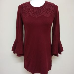 WHBM Red Maroon Bell Sleeve Lace Knit Tunic Dress
